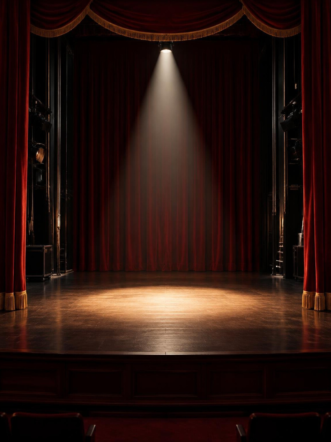 Theatre stage with red curtains and spotlights
