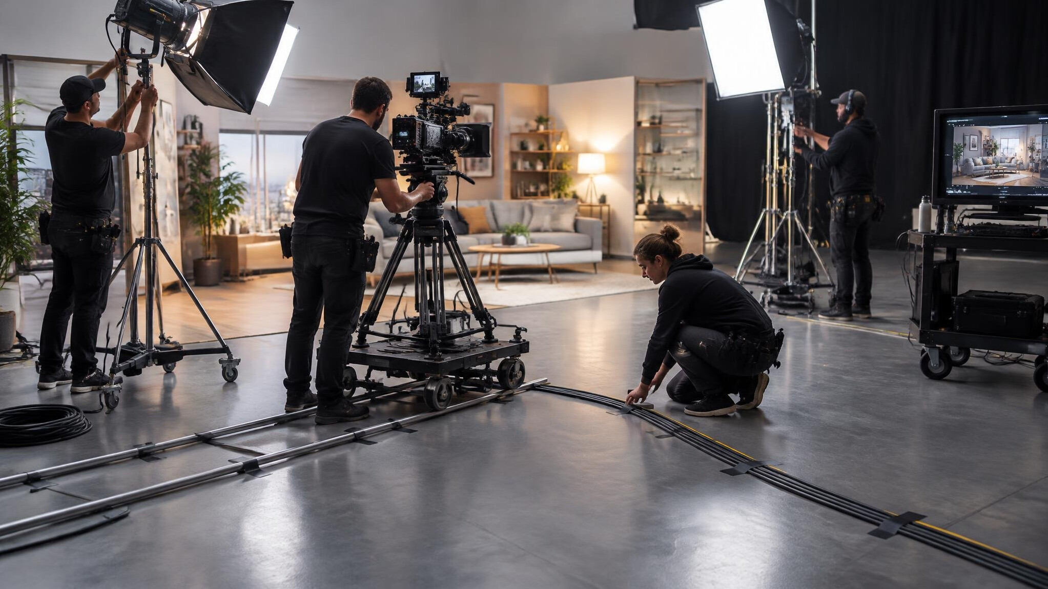 Film crew rigging equipment on a set