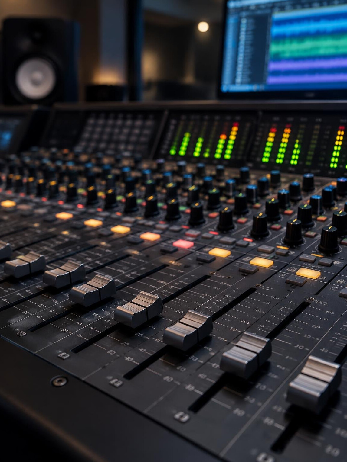 Audio mixing console with faders and knobs