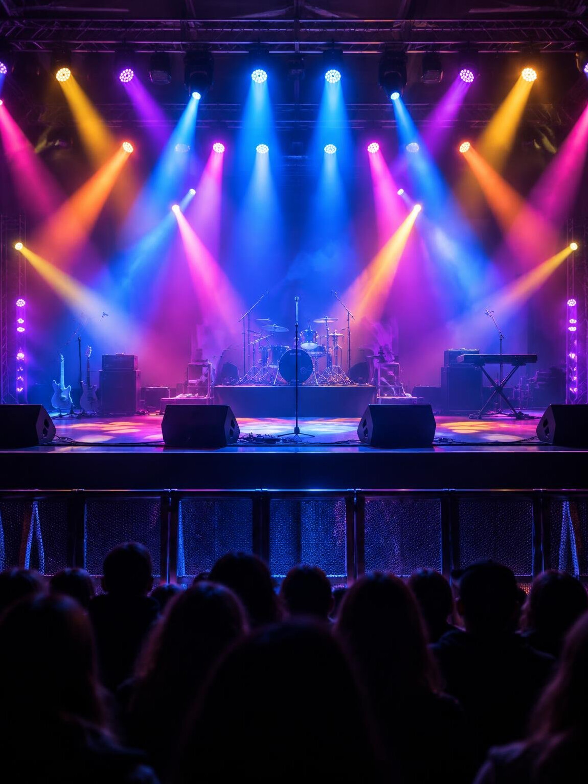 Concert stage with colorful light beams and crowd