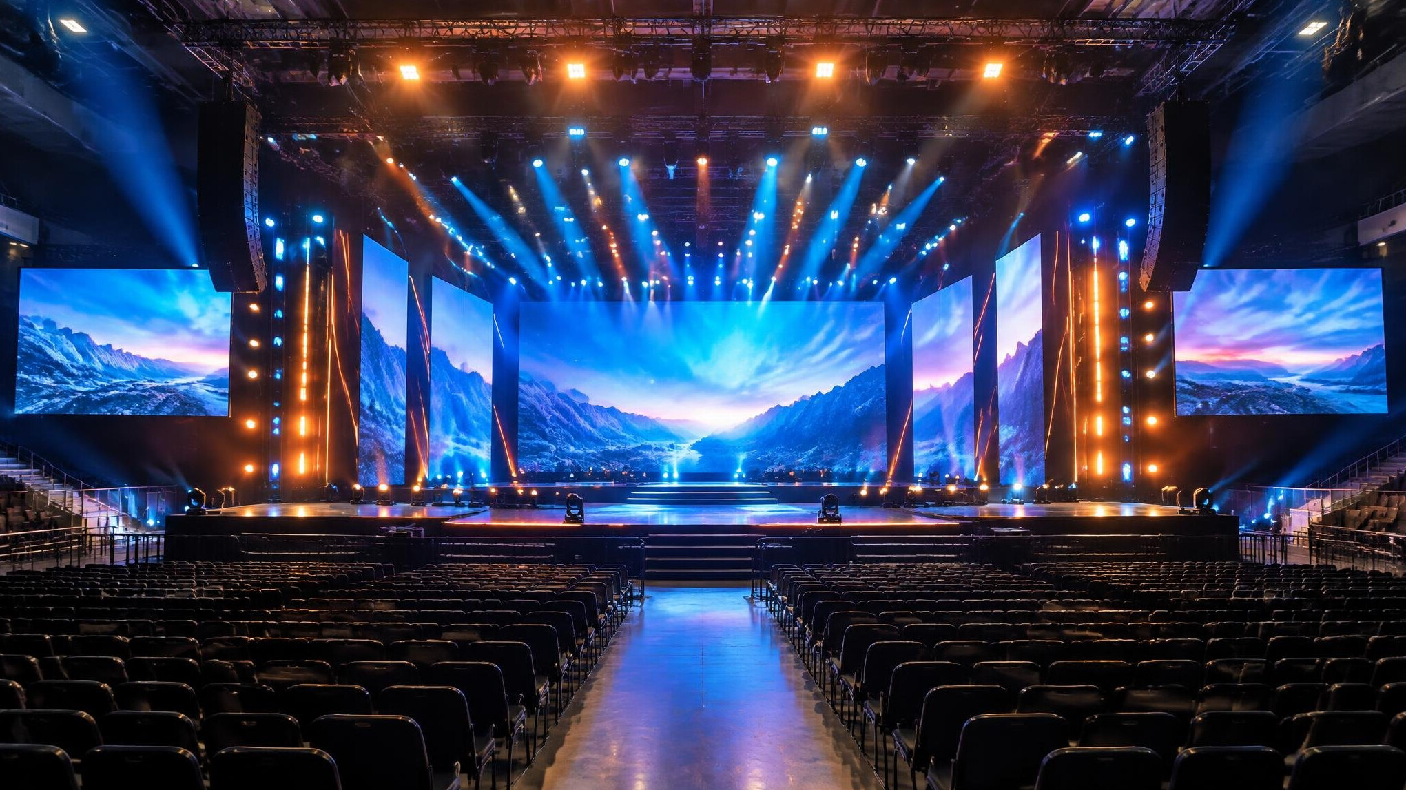 Stage with professional lighting rigs and screens before a show