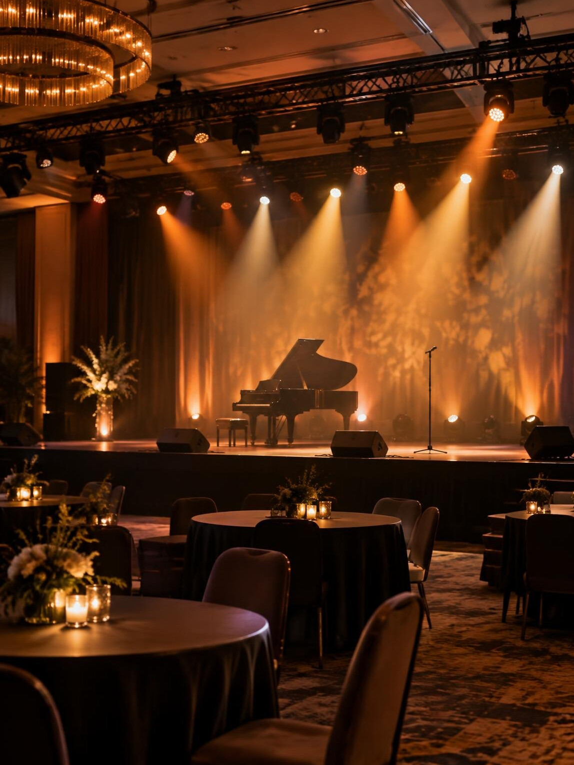 Event hall with string lights and warm stage lighting