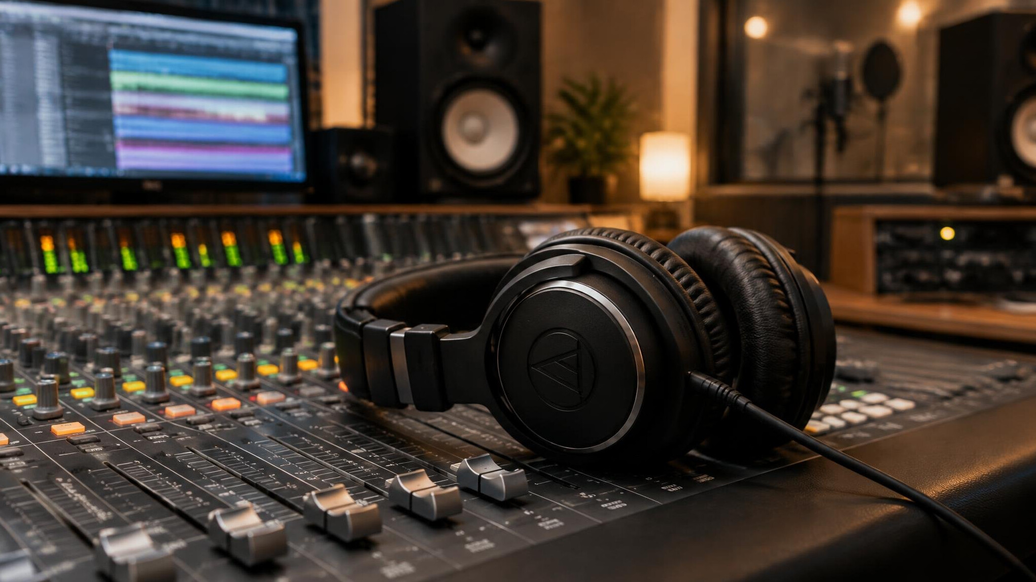 Headphones resting on a mixing desk in a studio