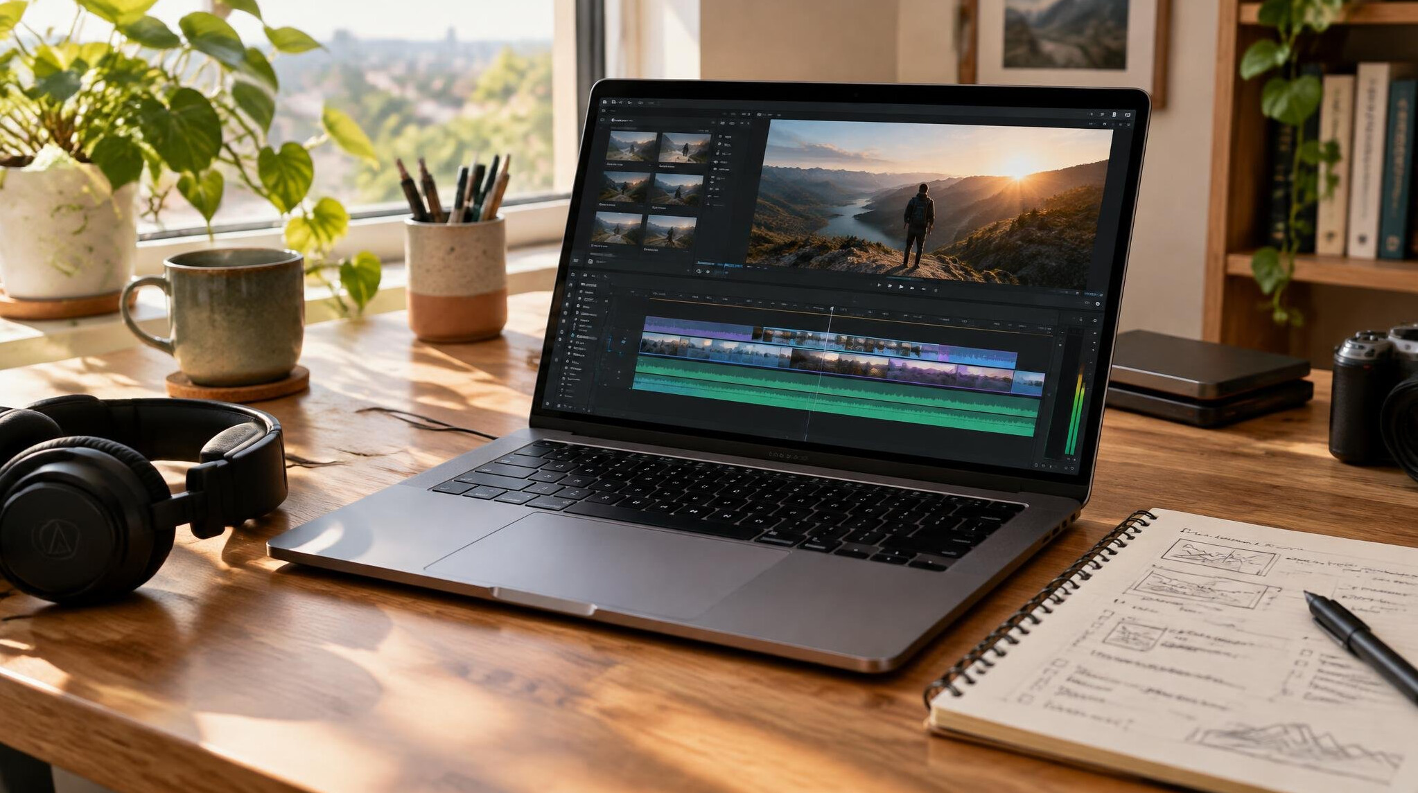 Editing desk with laptop and notes